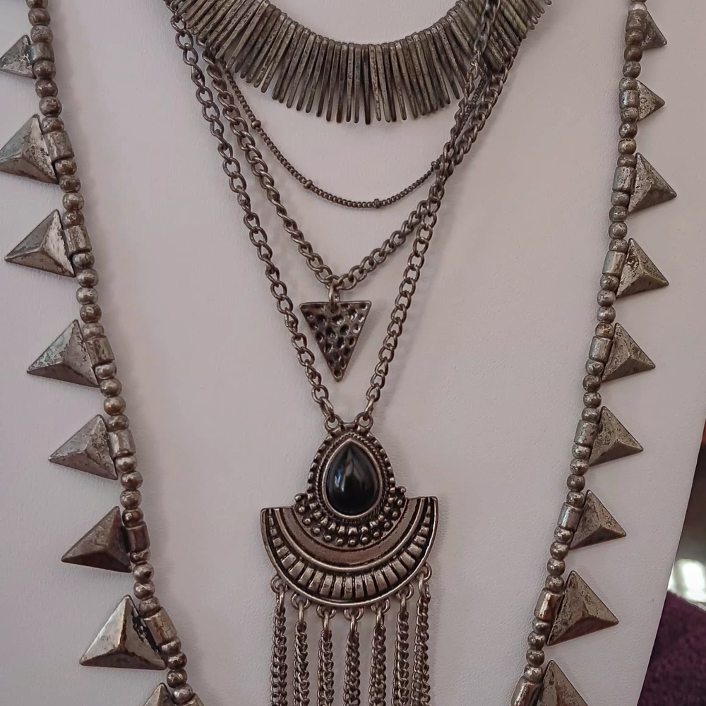 Bohemian Silvertone 5 Layered Necklace with Black Accents